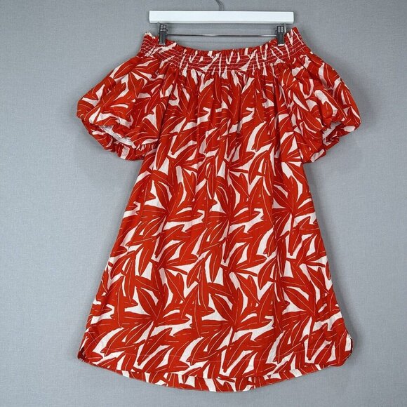 Whit Two Anthro Womens Dress Medium Red Banana Leaf Off Shoulder Smocked Poplin - Picture 1 of 13